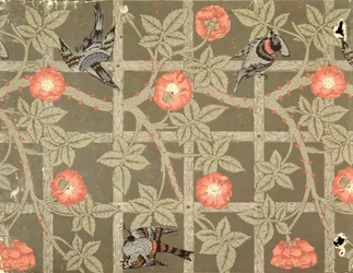 Trellis wallpaper design with a bottle green background, 1864